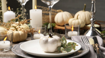 Farmhouse, autumn, Thanksgiving table setting with white pumpkins for a blog highlighting world market thanksgiving decor