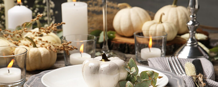 Farmhouse, autumn, Thanksgiving table setting with white pumpkins for a blog highlighting world market thanksgiving decor